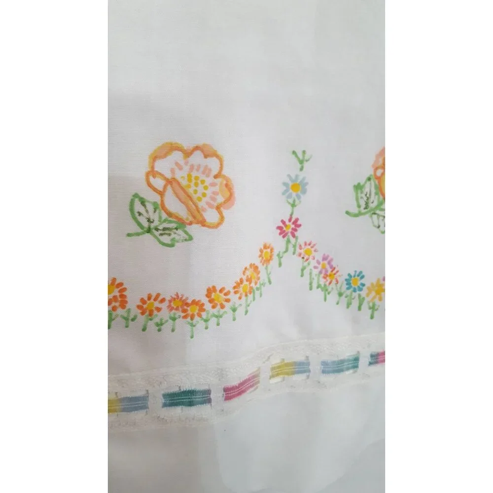 Vintage Hand Painted Pillowcase White Orange Flowers Ribbon Trim - Picture 4 of 6